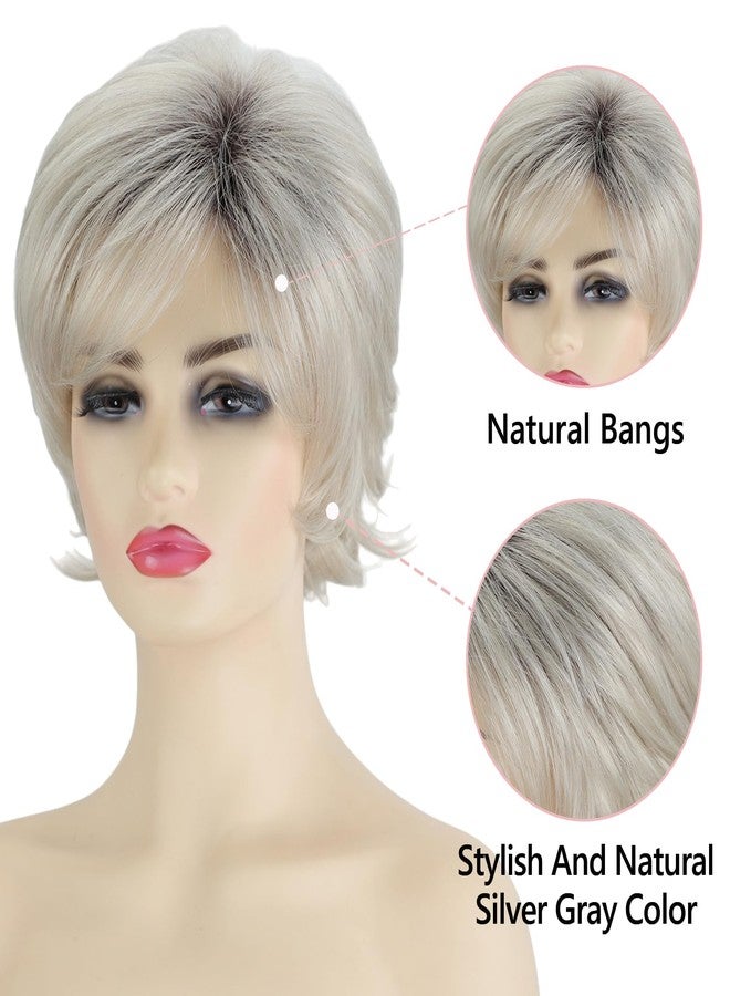 TISHINING Pixie Cut Short Ombre Silver Grey Curly Wigs for White Women Fluffy Layered Mixed Gray Wig with Bangs Natural Looking Synthetic Daily Party Wig - Image 3
